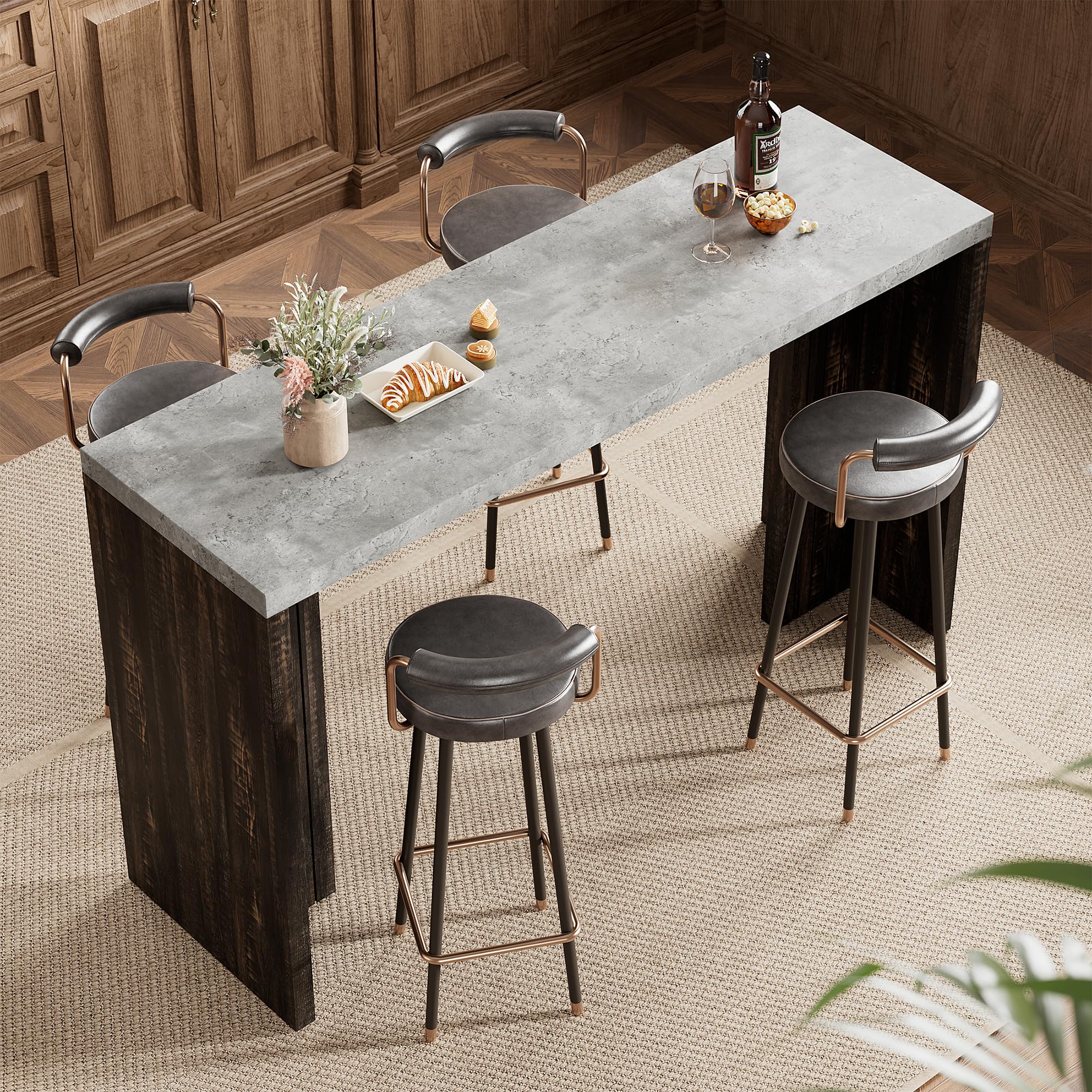 Photo 1 of Bar Table for 4-6 People - 55" Long Counter Height Pub with Faux Marble Tabletop, Modern Rectangular Home Bar Coffee Unit for Kitchen, Dining Room, Balcony, Living Room, Gray+Brown