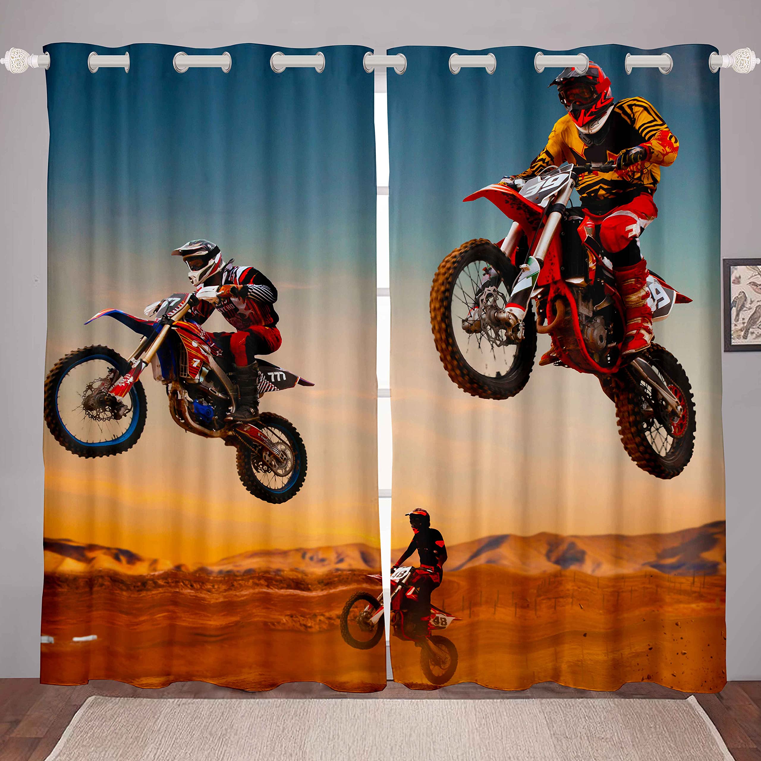 Boys Motocross Rider Drapes For Kids Adults Extreme Sports Theme Window Treatments Motorcycle Pattern Curtains Cool Dirt Bike Window Drapes Room Decor W46*L72