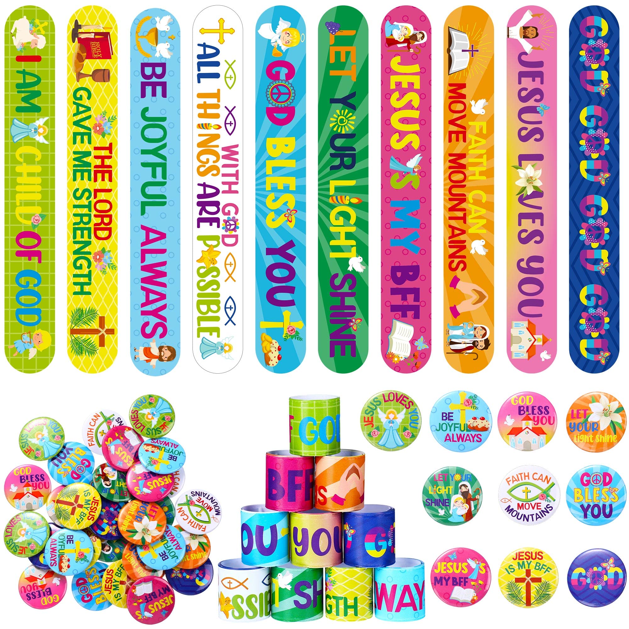 Frienda 60 Pcs Christian Easter Gifts for Kids Religious Slap Bracelets with Badges Christian Gifts Jesus Love You Wristbands Bracelets for VBS Sunday School Supplies Birthday Party Favors(God)