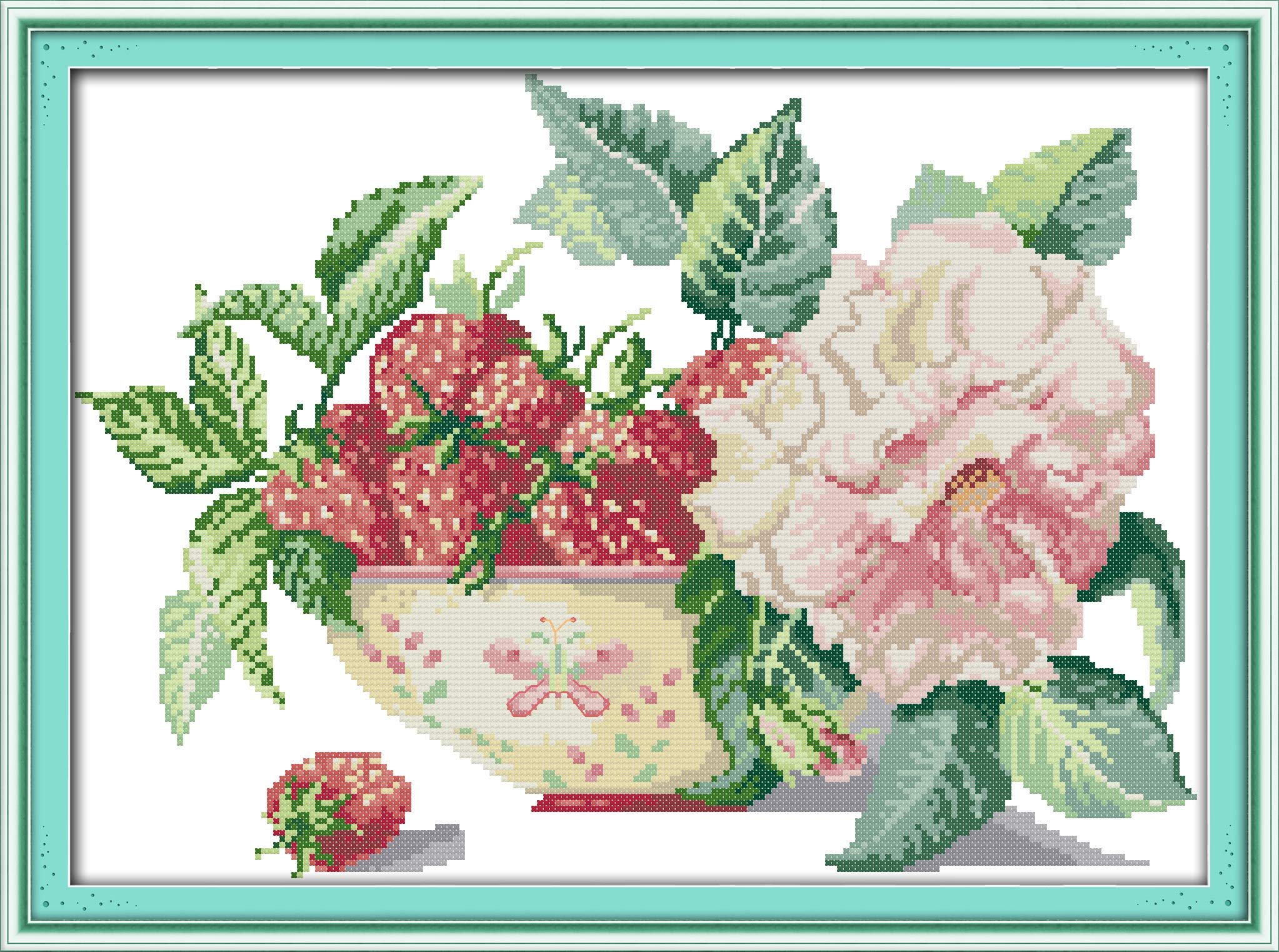 OWN4B Cross Stitch Kits Stamped, Strawberry Pot Printed Pattern 11CT 21.3x16.1 inch DIY Embroidery Kit