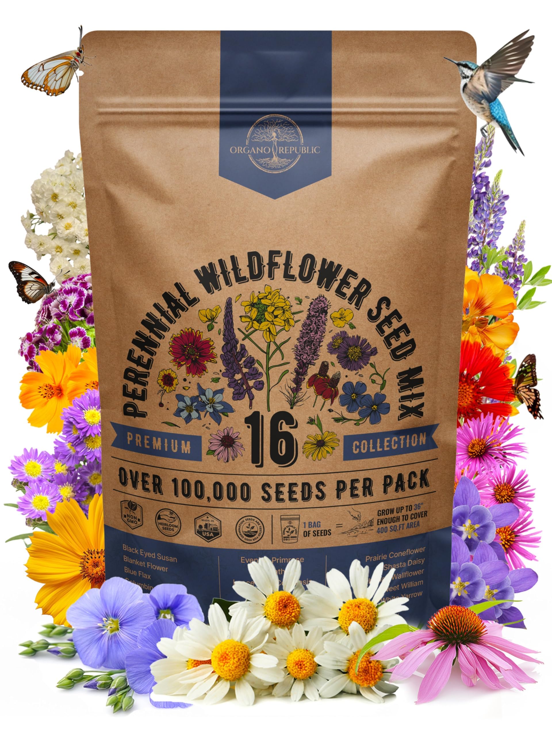 Photo 1 of Organo Republic 16 Perennial Wildflower Seeds Mix for Indoor & Outdoors. 100,000+ Non-GMO, Heirloom Wildflower Garden Seeds, 4oz Packet for Growing Wild Flowers to Attract Bees, Butterflies & Birds