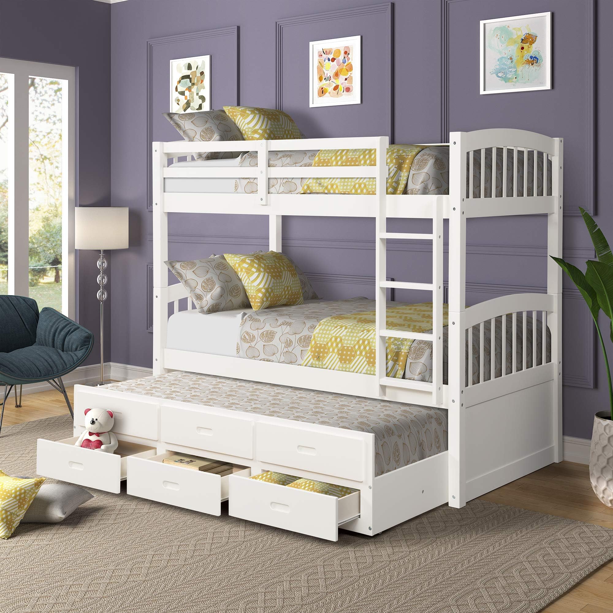 Solid Wood Bunk Kids Teens Adult, Twin Bed,with Ladder, Safety Rail,Trundle,and 3 Storage Drawers Can be Divided into 2, White