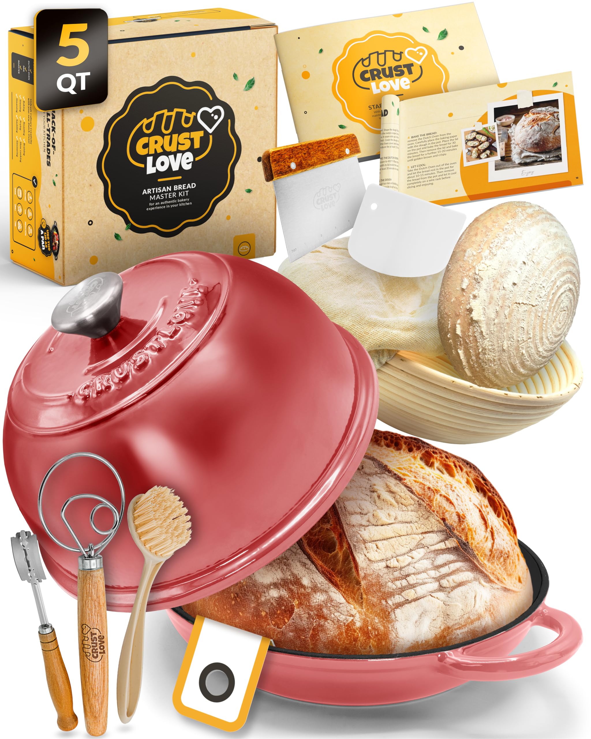 CRUSTLOVE Dutch Oven Bread Baking - 5QT Enamel Bread-Oven - incl Sourdough Bread-Baking Suppliers like Dough Whisk Scoring Lame etc Bread-Dome Cast Iron Bread-Pan with Lid for Sour dough, Bread-making Image