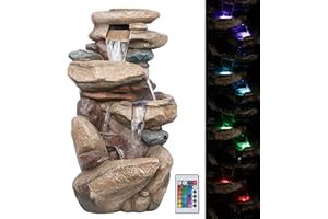 Alpine Corporation WIN315 40" Floor Fountain – Tiered Brown Rock Water Feature with Color-Changing LED & Remote – Cascading Streams for a Tranquil Garden, Patio, Yard, Deck, or Porch, Light Brown