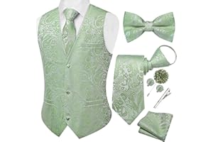 DiBanGu Mens Paisley Suit Vest Pre-tied Tie Set 7PCS Jacquard Silk Dress Waistcoat Bow Tie Lapel Pin Hanky for Wedding Party