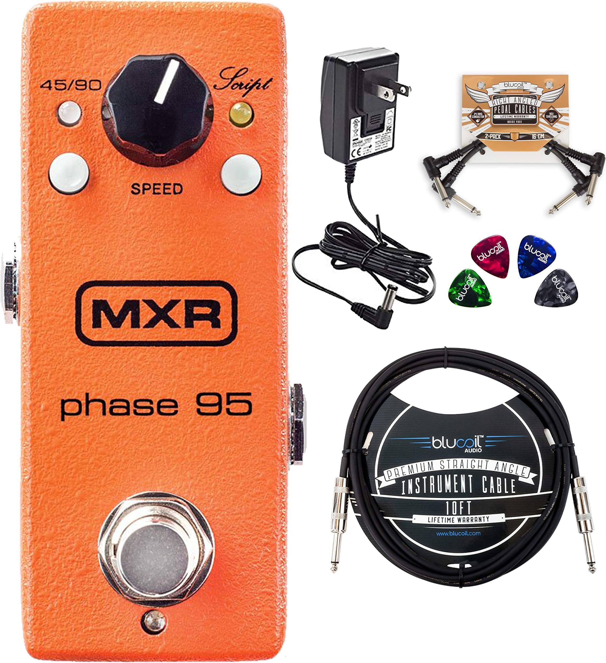 MXR M290 Phase 95 Mini Effects Pedal for Electric Guitars Bundle with 9V Adapter, Blucoil 10-FT Straight Instrument Cable (1/4in), 2-Pack of Pedal Patch Cables, and 4-Pack of Celluloid Guitar Picks