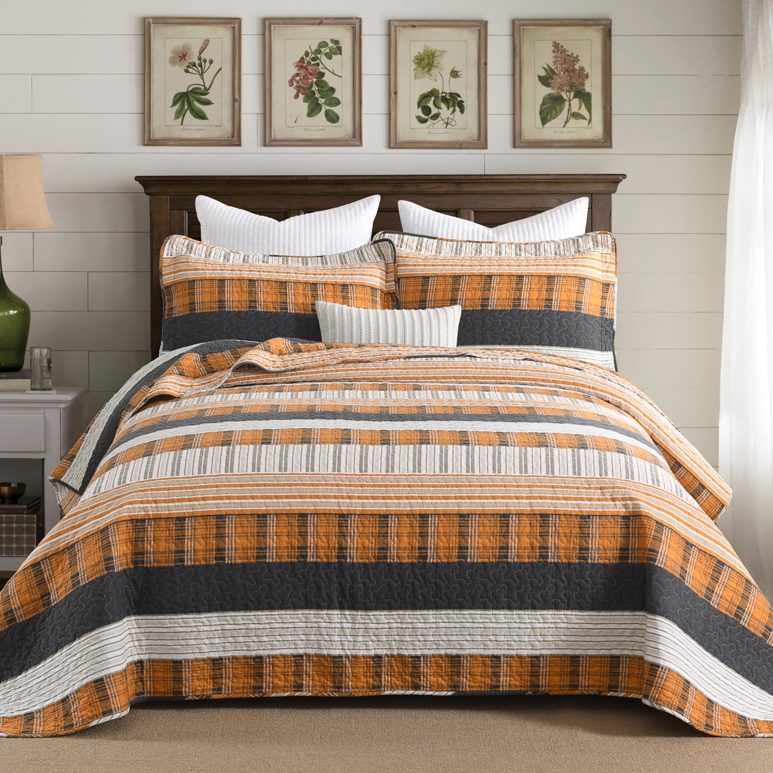 Homzard Queen Size Bedding Set，100% Cotton Quilts Queen Size，Orange Black Tan Bedspread Set，Plaid Striped Bedding Comforter Set，Lightweight Reversible Bed Set 3 Pieces Image