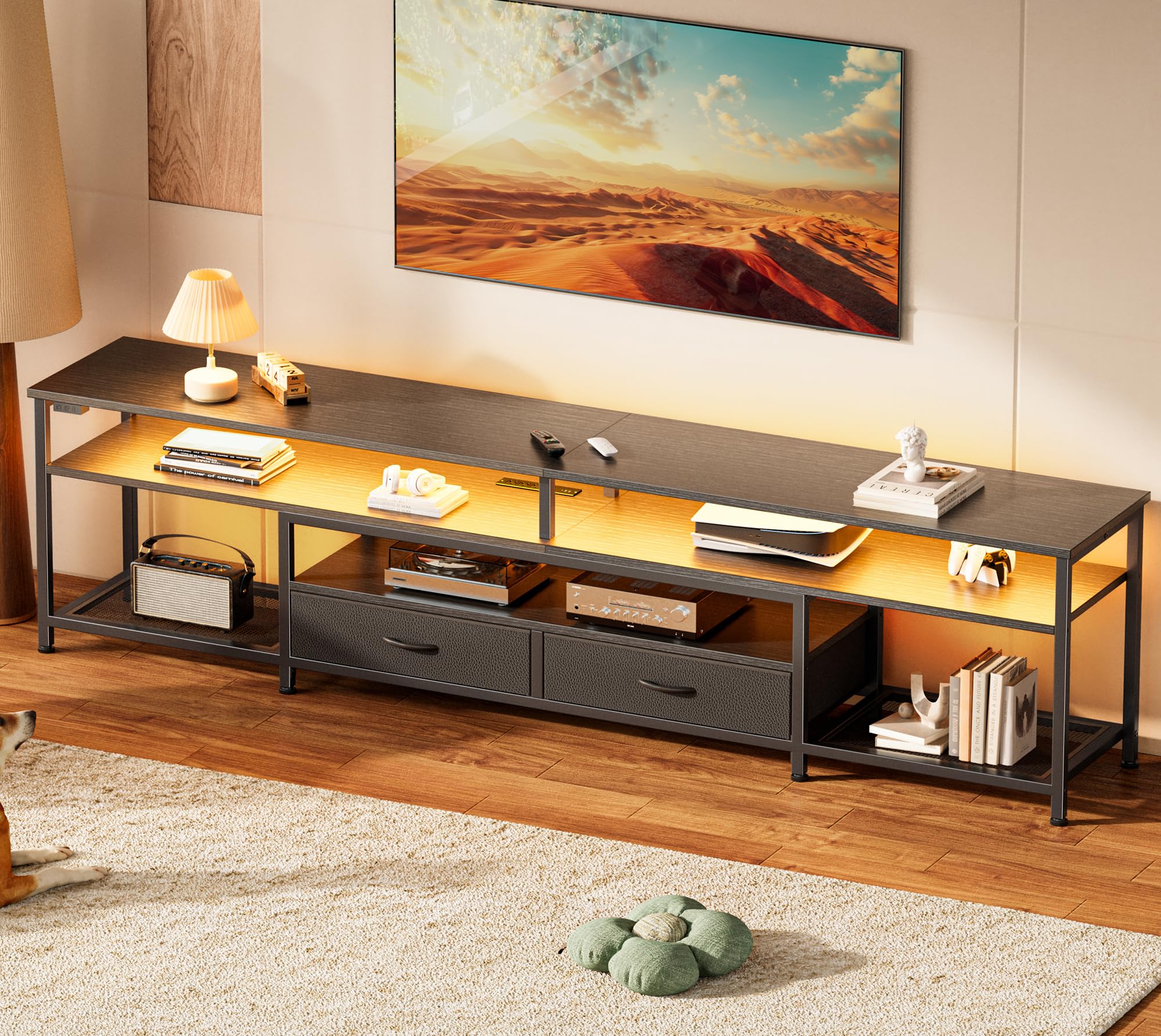 Photo 1 of ** NO MANUAL ** Huuger 79 Inch TV Stand for 85, 90 Inch TV, Entertainment Center with LED Lights and Power Outlets, TV Console with Drawers, Shelves, Type C, PU Leather Surface, for Living Room, Black