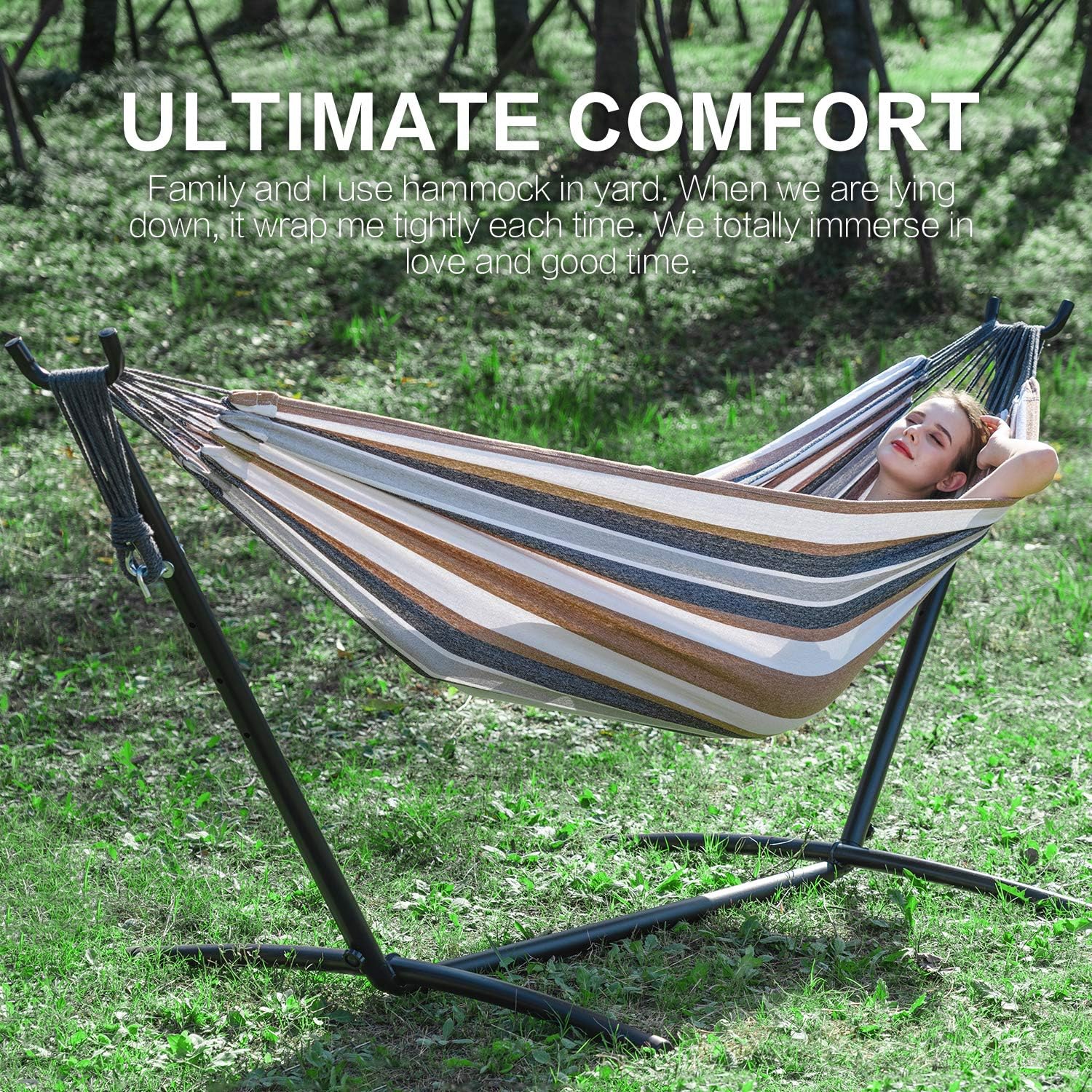 PNAEUT Double Hammock with Space Saving Steel Stand 2 Person Heavy Duty Outside Garden Yard Outdoor 450lb Capacity 2 People Standing Hammocks and Portable Carrying Bag (Coffee) : Kitchen & Dining