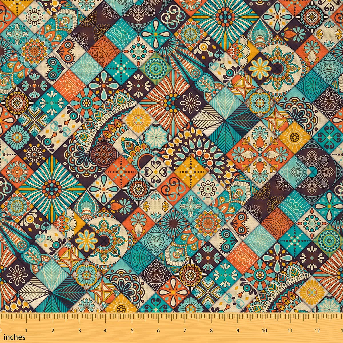 Boho Plaid Fabric by The Yard, Vintage Indian Mandala Upholstery, Exotic Style Grid Outdoor, Geometric Honeycomb Reupholstery for Chairs, 2 Yards (L184*W150cm)