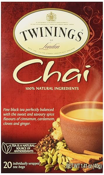 TWININGS CHAI BLACK TEA INDIVIDUALLY WRAPPED BAGS, 20 COUNT (PACK OF 1), SWEET, SAVOURY SPICES, CAFFEINATED, ENJOY HOT OR ICED, 20 TEABAGS