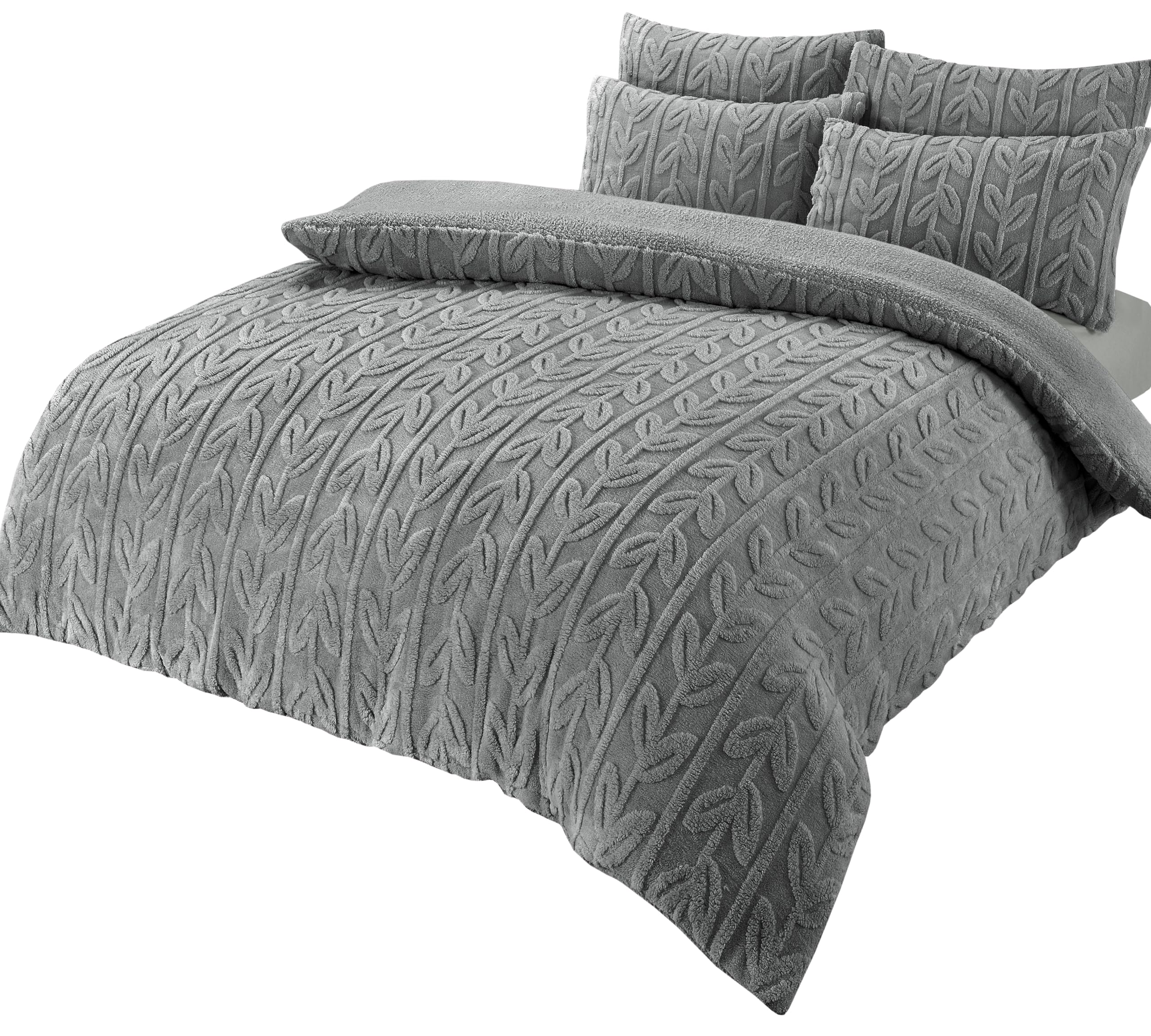 Olivia Rocco Leaf Teddy Fleece Duvet Cover Set Easy Care Quilt Bedding Sets with Pillow Case Thermal Warm Cosy Super Soft Fluffy Comforter Bed linens, Double Grey