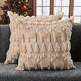 DFXSZ Christmas Pillow Covers 16x16 inch Set of 2 Beige Christmas Tree Elk Decoration Soft Plush Faux Fur Jacquard Throw Pillows for Bedroom Sofa Holiday Festivals Winter Home Decor PTK069C16