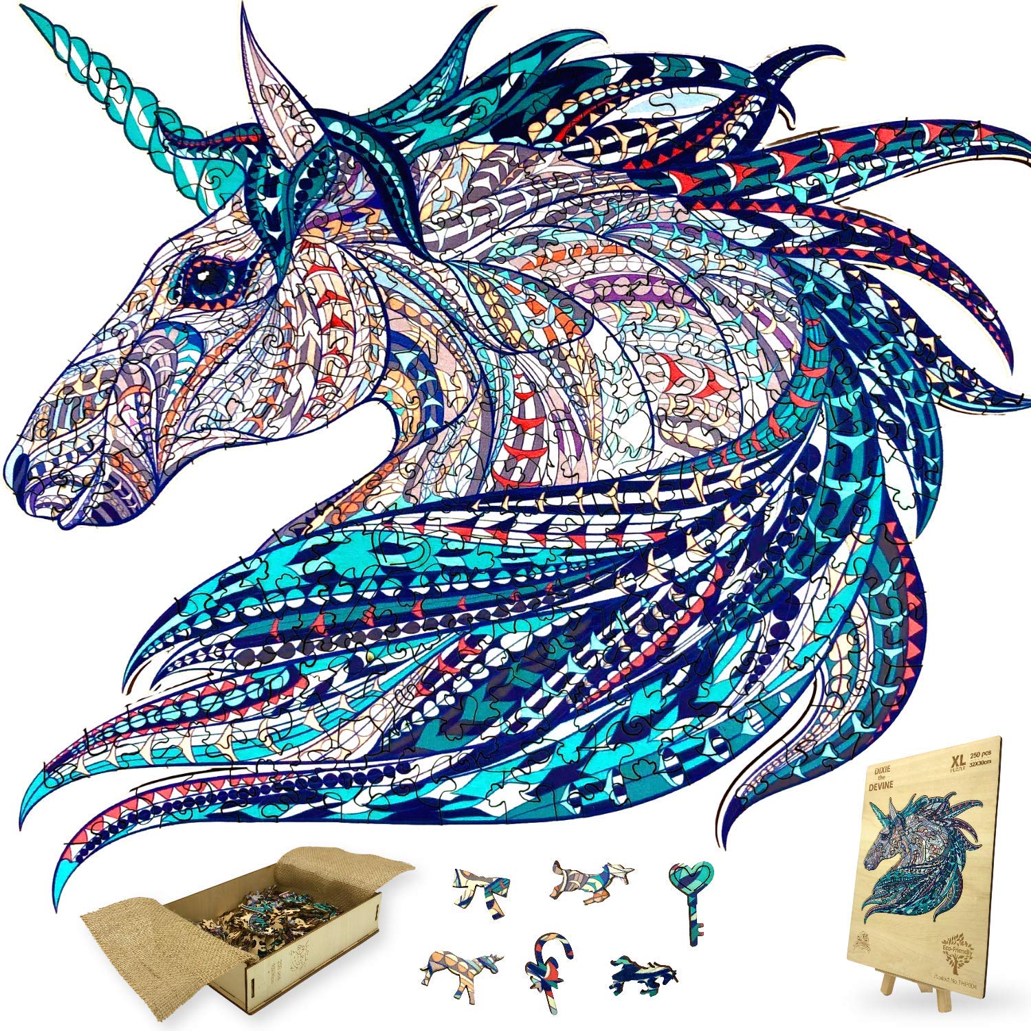 Wooden Jigsaw Puzzle XL 250 Piece (32x30cm) – Unicorn Wooden Jigsaw for Adults Presented in Wooden Gift Box by The Puzzled Tree