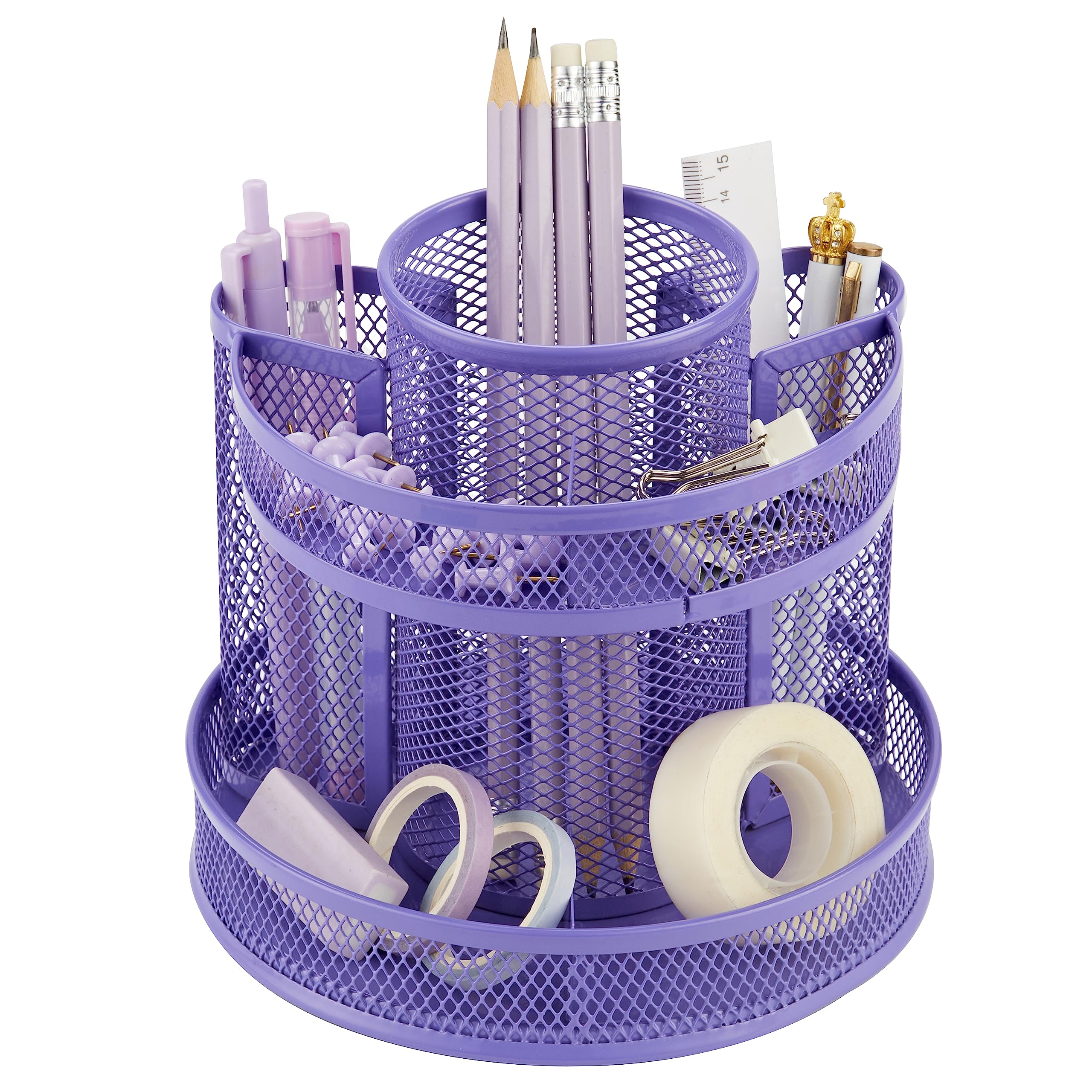Annova Mesh Desk Organizer Rotate with 5 Compartments Round Spinning Tidy Candy/Pen Holder Desk Accessories Office, Art Supply, Storage, Classroom, Home (Purple)