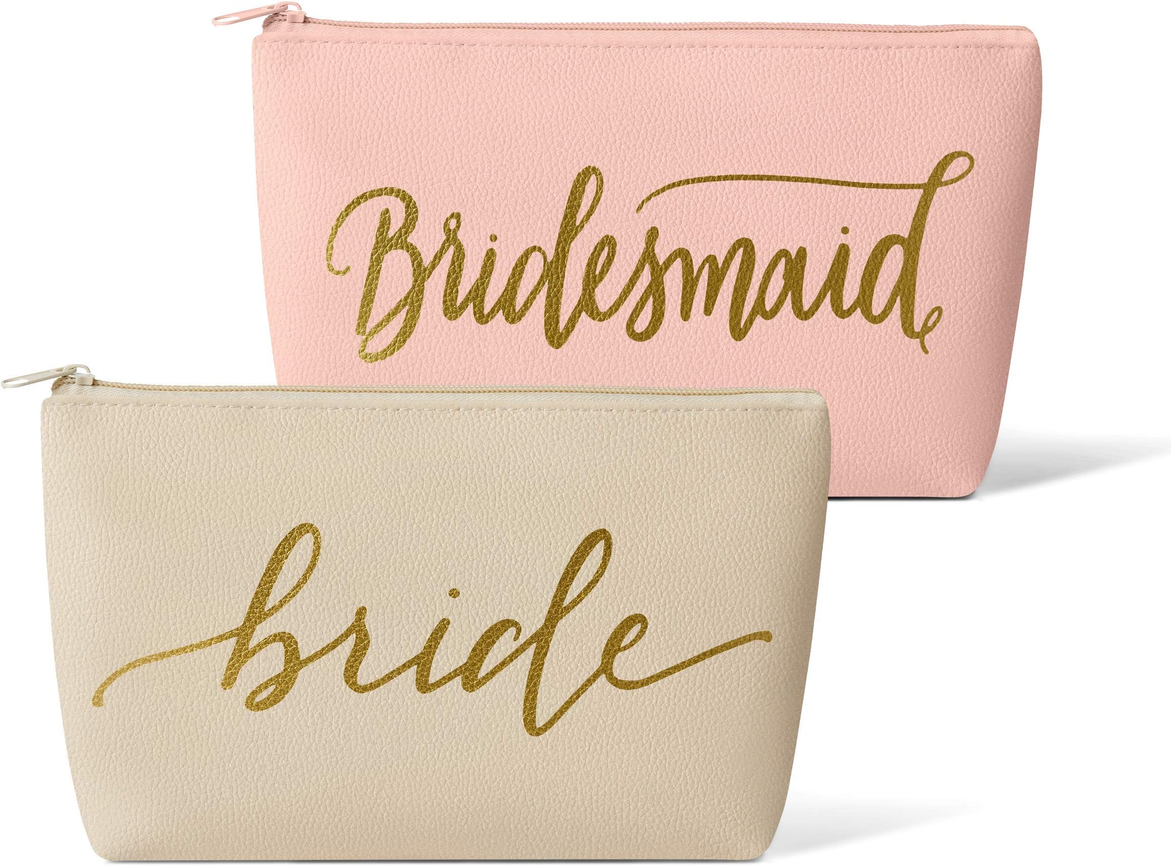 Bride & Bridesmaid Faux Leather Makeup & Toiletry Bags for Bachelorette Parties, Weddings, Bridemaid Gifts, Bridal Showers - 11 Piece Set (Pink Blush)
