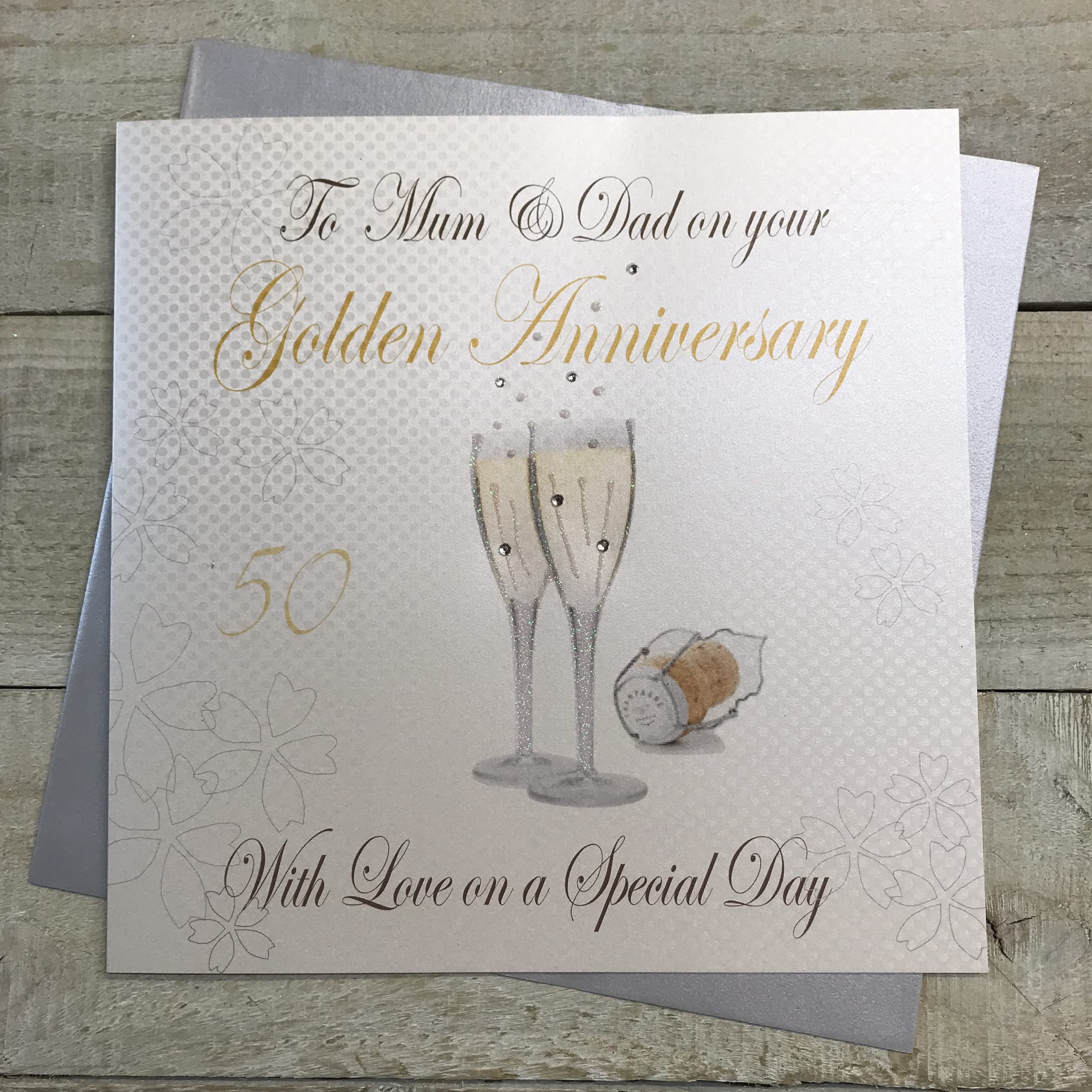 WHITE COTTON CARDS To Mum and Dad, Handmade Large 5Oth Golden Anniversary Card Champagne, XLWA50M,22cm x 22cm