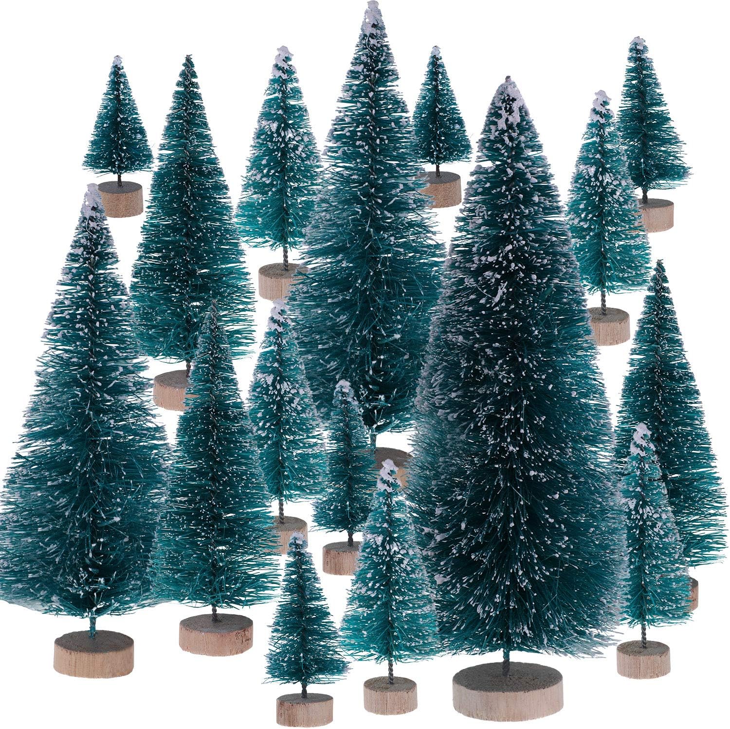 Leinuosen Mini Christmas Trees Artificial Sisal Trees Snow Frost Ornaments with Wooden Bases for Christmas Home Party Decoration (Size 1, 43 Pieces)