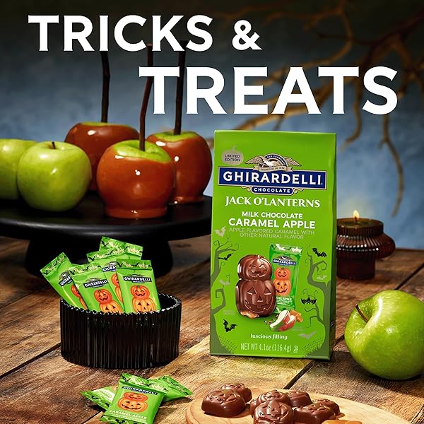 GHIRARDELLI MILK CHOCOLATE CARAMEL APPLE JACK O’ LANTERNS, 4.1 OZ BAG – HALLOWEEN CANDY FILLED WITH TART APPLE CARAMEL FOR GIFTING & SNACKING