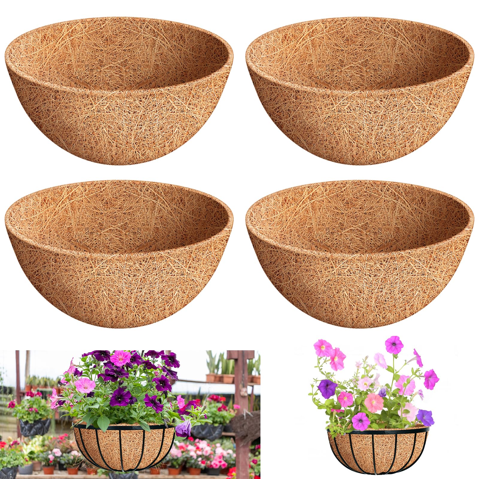 Riare 4Pcs Hanging Basket Liner, 12inch Round Natural Coconut Coir Liners Planter Liner Coco Fiber Replacement Liner for Hanging Baskets, Garden Flower Vegetables Planter Pot, Window Box(4, 12inch)