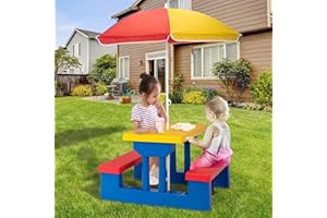 Sandinrayli Kids Playful Picnic Table w/Umbrella Plastic Folding Outdoor Children Set Play Bench(Red+Green+Blue) (Multicolored 1)
