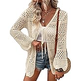 Women's Crochet Cardigan Light Weight Long Sleeve Tie Front Hollow Out Thin Cardigan