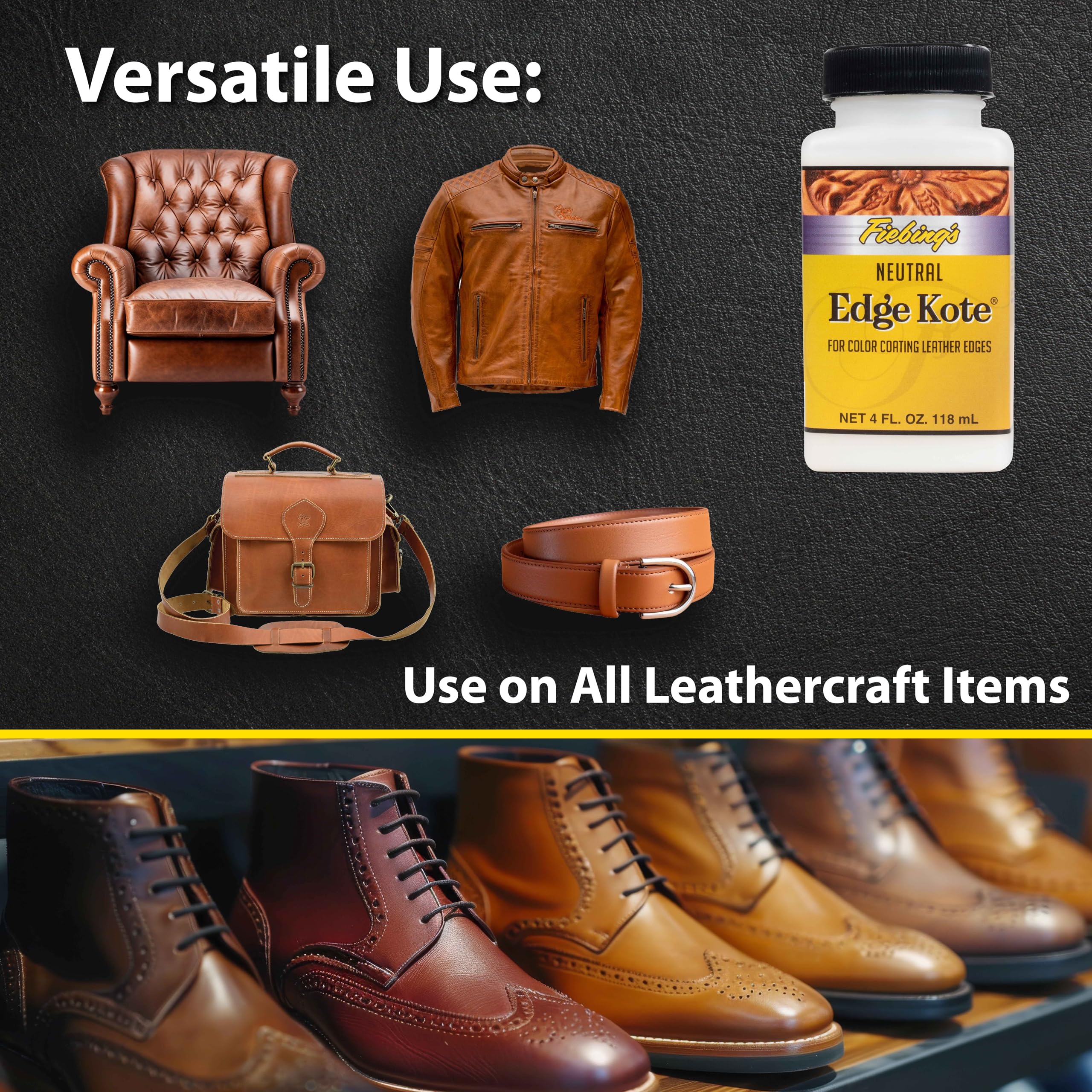 Fiebing's Edge Kote (4oz, Neutral) - Leather Edge Paint for Shoes, Furniture, Purses, Couches, Belts - Flexible, Water Resistant, Semi Gloss Color Coating Leather Dye to Protect Natural Edges