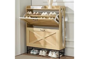Chilihom Narrow Rattan Shoe Cabinet Storage for Entryway, Shoe Organizer with 2 Flip Drawers, Hidden Shoe Storage Slim Storage Cabinet Metal Legs, Farmhouse Free Standing Shoe Rack Cabinet, Natural