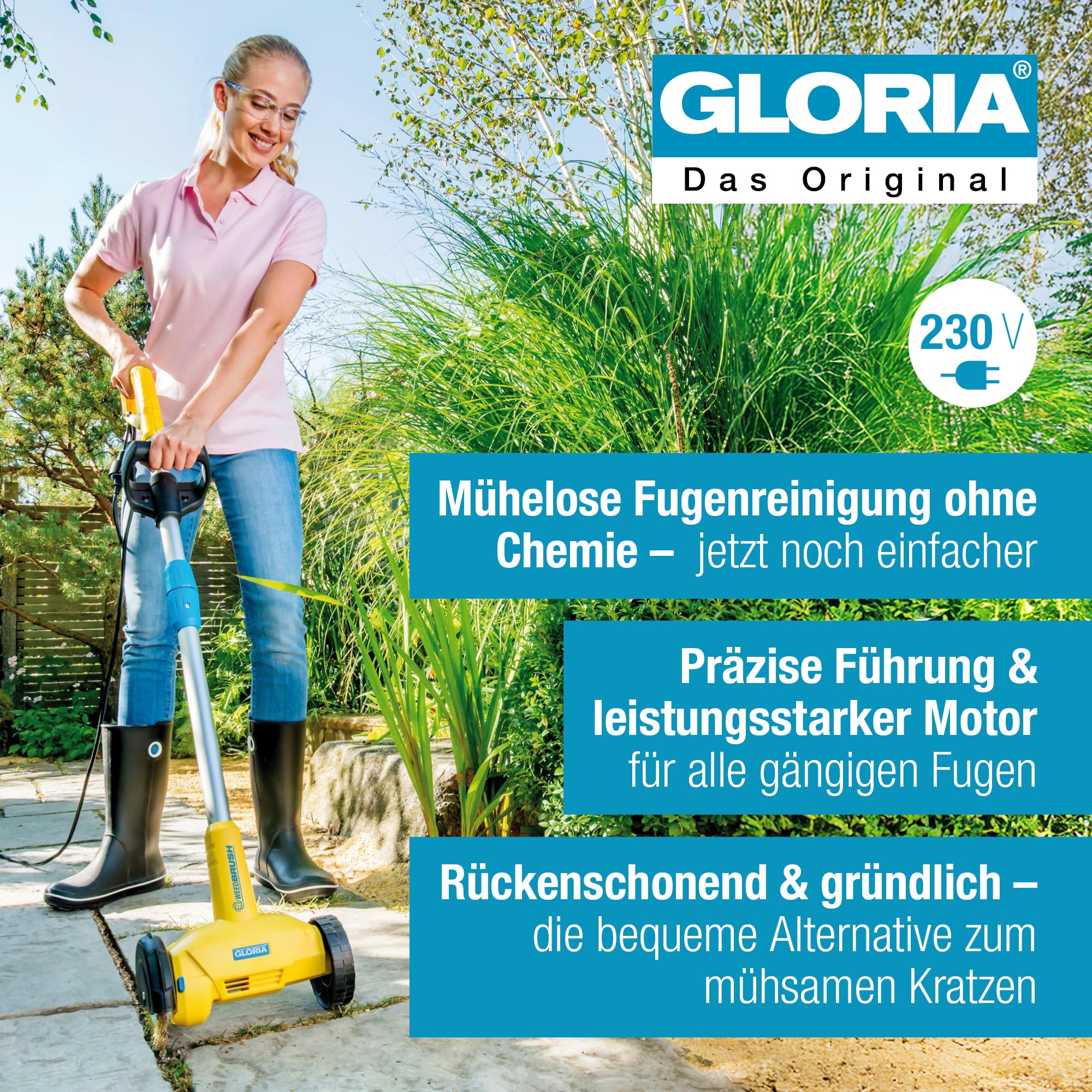 GLORIA Fugenbürste WeedBrush | Elektrischer Unkrautvernichter & Fugenreiniger | Fugenkratzer für Pflasterfugen, Terrassenplatten & Wege | Kabelgebundene Unkrautbürste 230V inkl. Stahldraht-Bürste 2