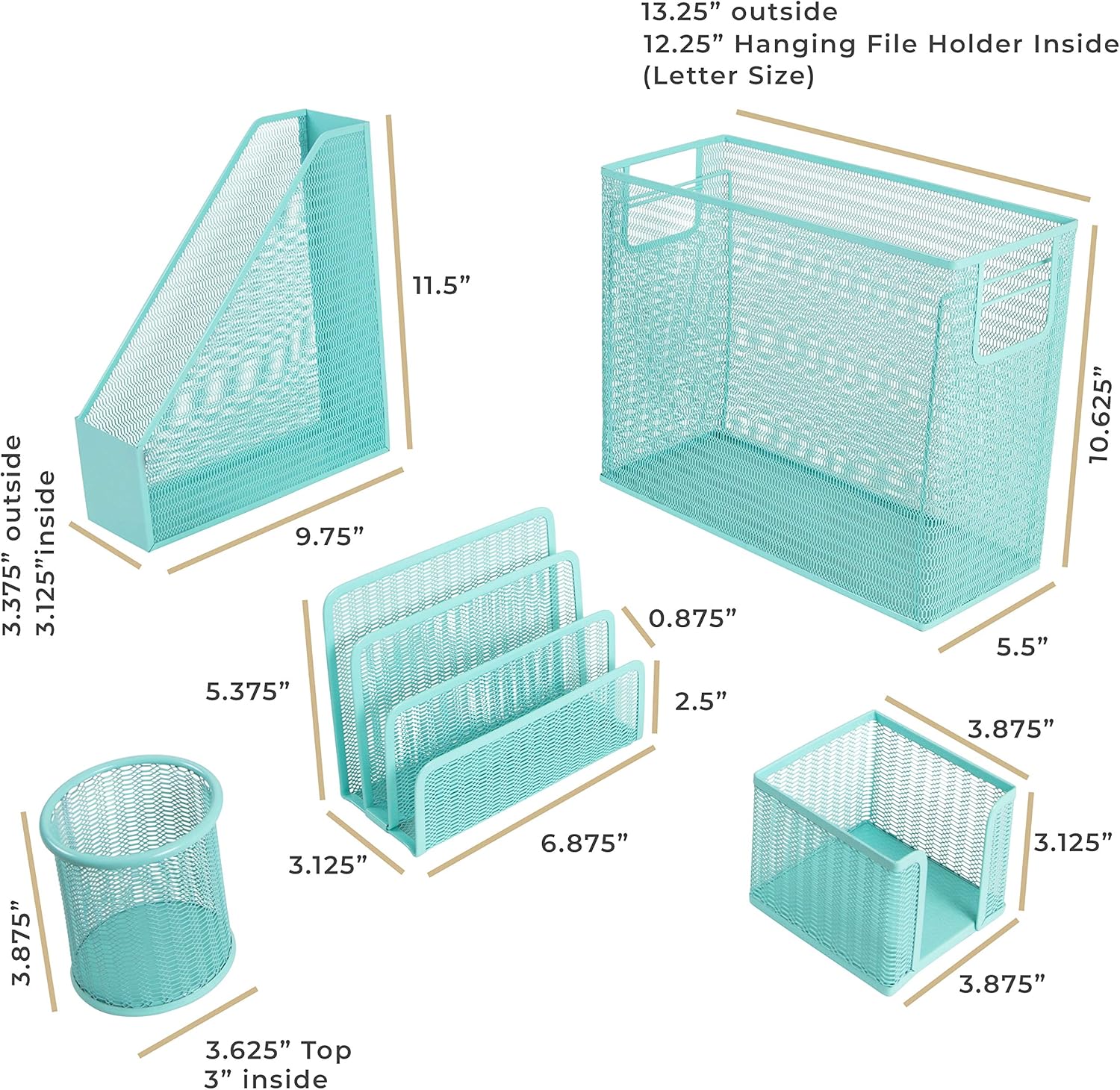 Blu Monaco 5 Piece Cute Office Supplies Aqua Desk Organizer Set - with Desktop Hanging File Organizer, Magazine Holder, Pen Cup, Sticky Note Holder, Letter sorter - Aqua Desk Accessories: Home Improvement