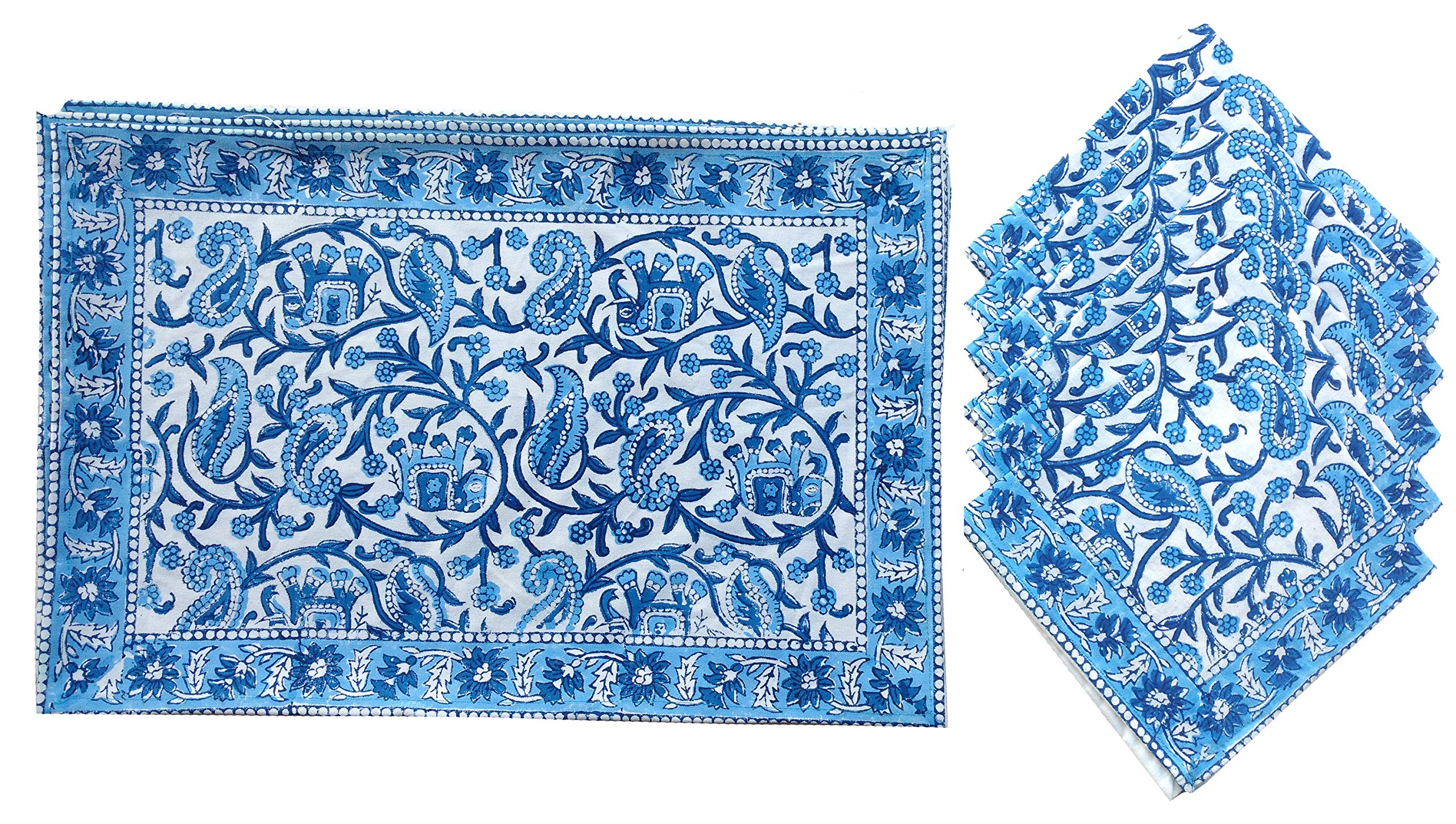 Rastogi Handicrafts Hand Block 100% Cotton Indian Style Theme Set of 6 Dining Table Mats and Napkins Place-mats Runners (BLUE 1)