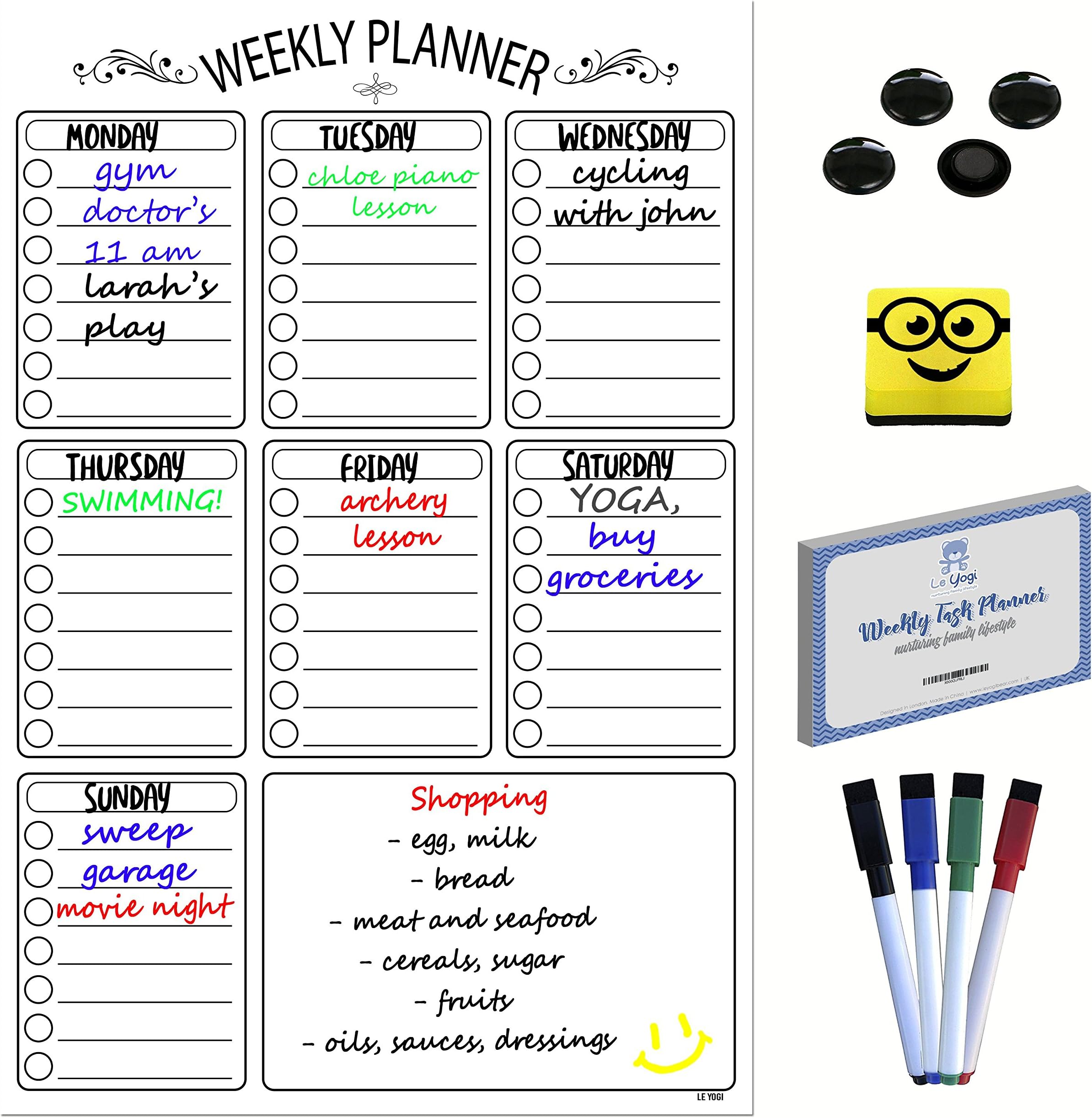 Magnetic Weekly Task Planner | A3 Dry Erase Chore Planner, Meal Planner, Event Planner with Magnetic Eraser, 4 Magnetic Markers, 4 Magnetic Buttons, 100 Video Recipes. Perfect Daily Planner