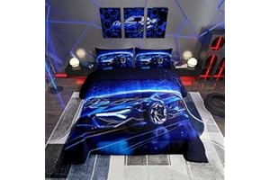 Feelyou Kids Boys Sports Car Comforter Set Queen Size Blue Race Car Comforter for Kids Teens Room Decor Extreme Sports Theme 
