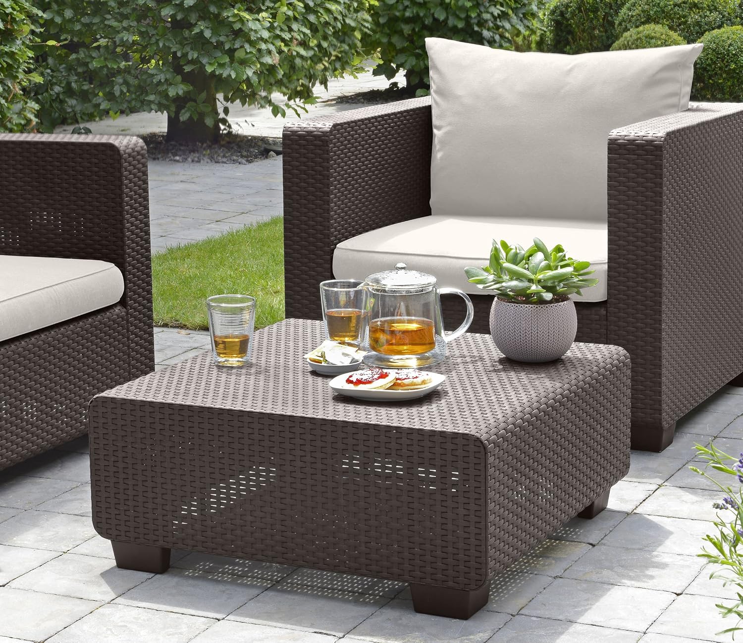 Amazon Com Keter Salta Coffee Table Modern All Weather Outdoor Patio Garden Backyard Furniture Rich Brown Garden Outdoor