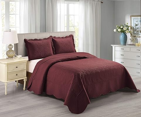 Home Linen 3-Piece Full/Queen Size Veronica Solid Burgundy Bedspread