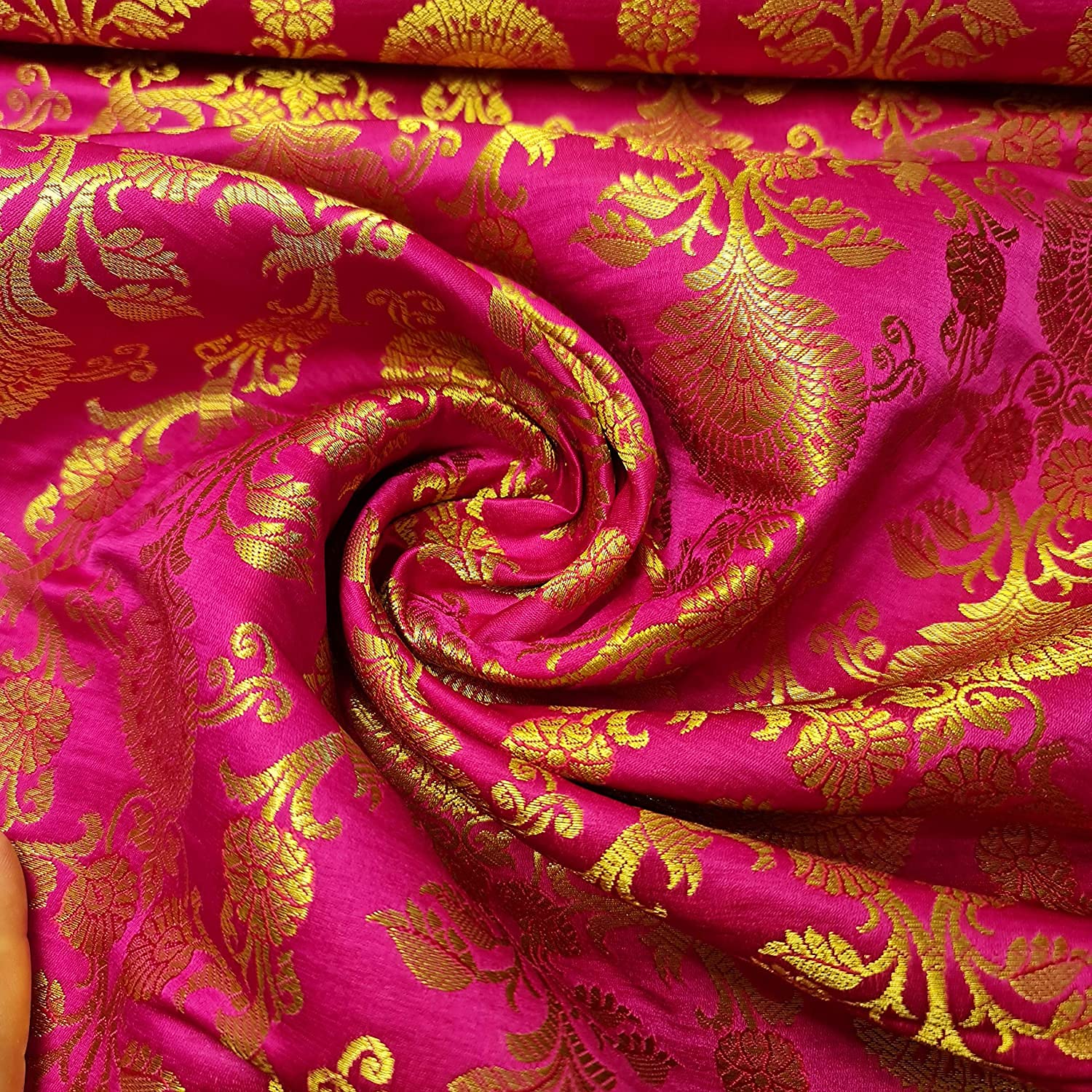 2 Meter Ornamental (Magenta) Floral Gold Metallic Print Indian Banarsi Brocade Fabric Premium Quality Fabric (Pre Cut 2 Meter)