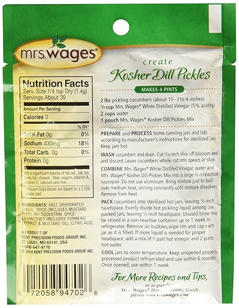 MRS. WAGES KOSHER DILL PICKLES REFRIGERATOR MIX | QUICK AND EASY | SIMPLE-TO-USE | SIMPLE HOMEMADE PICKLES | TRADITIONAL PICKLE FLAVORING | 1.94 OZ PACKET (VALUE PACK OF 12)