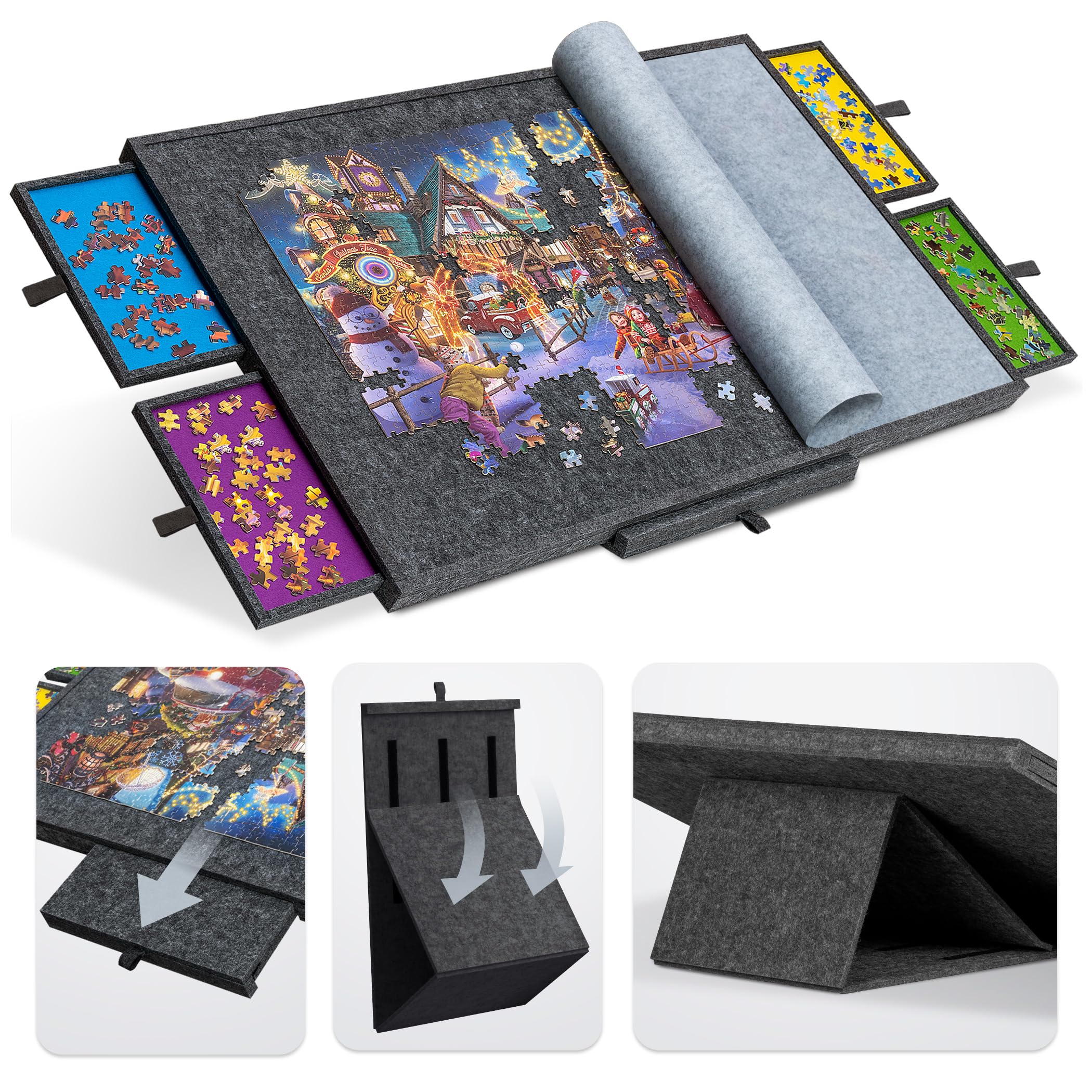 Tektalk Jigsaw Puzzle Table with Integrated Adjustable Stand/Bracket, 3-Tilting-Angle Puzzle Plateau with Cover & 4 Sorting Drawers, Super Lightweight Felt Puzzle Board, for Up to 1500 Pieces - Gray — image 1