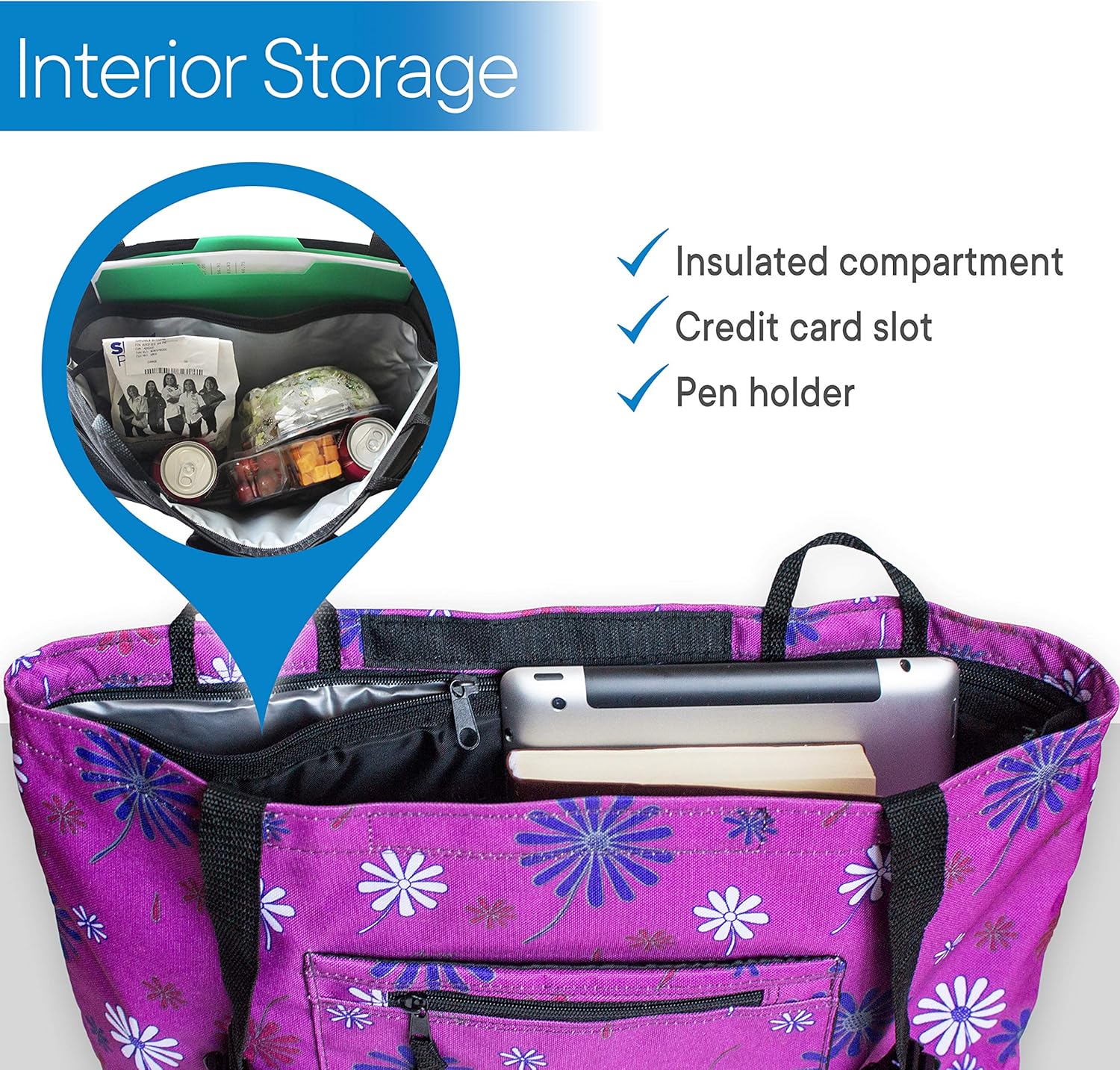 RMS Walker Bag with Soft Cooler - Water Resistant Tote with Temperature Controlled Thermal Compartment, Universal Fit for Walkers, Scooters or Rollator Walkers (Purple Flower): Health & Personal Care