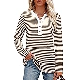 Uhiger Striped Long Sleeve Shirt Women Waffle Knit Tops V Neck Shirts Womens Blouses Basics Clothing Cruise Outfit
