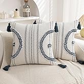 Boho Throw Pillow Covers 18x18 Set of 2 Cotton Woven Tufted Farmhouse Pillows Covers with Tassels Outdoor Neutral Navy Decorative Pillowcases Square Textured Accent Cushion Cases for Couch Bed Sofa