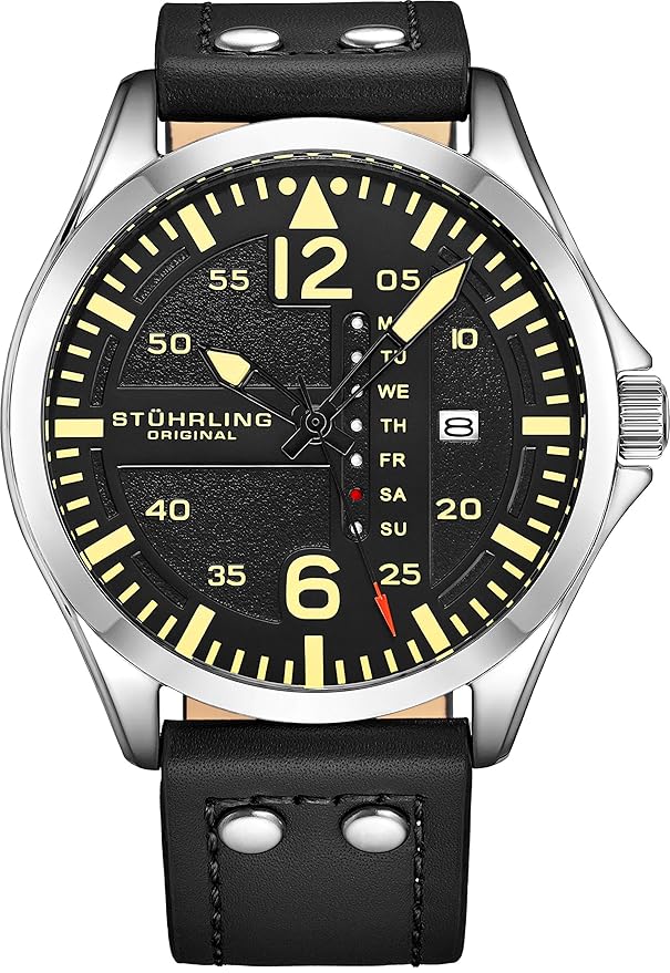 Stuhrling Original Herren Analoge Sportuhr Fliegeruhr Quick-Set Tagesdatum Casual Lederband