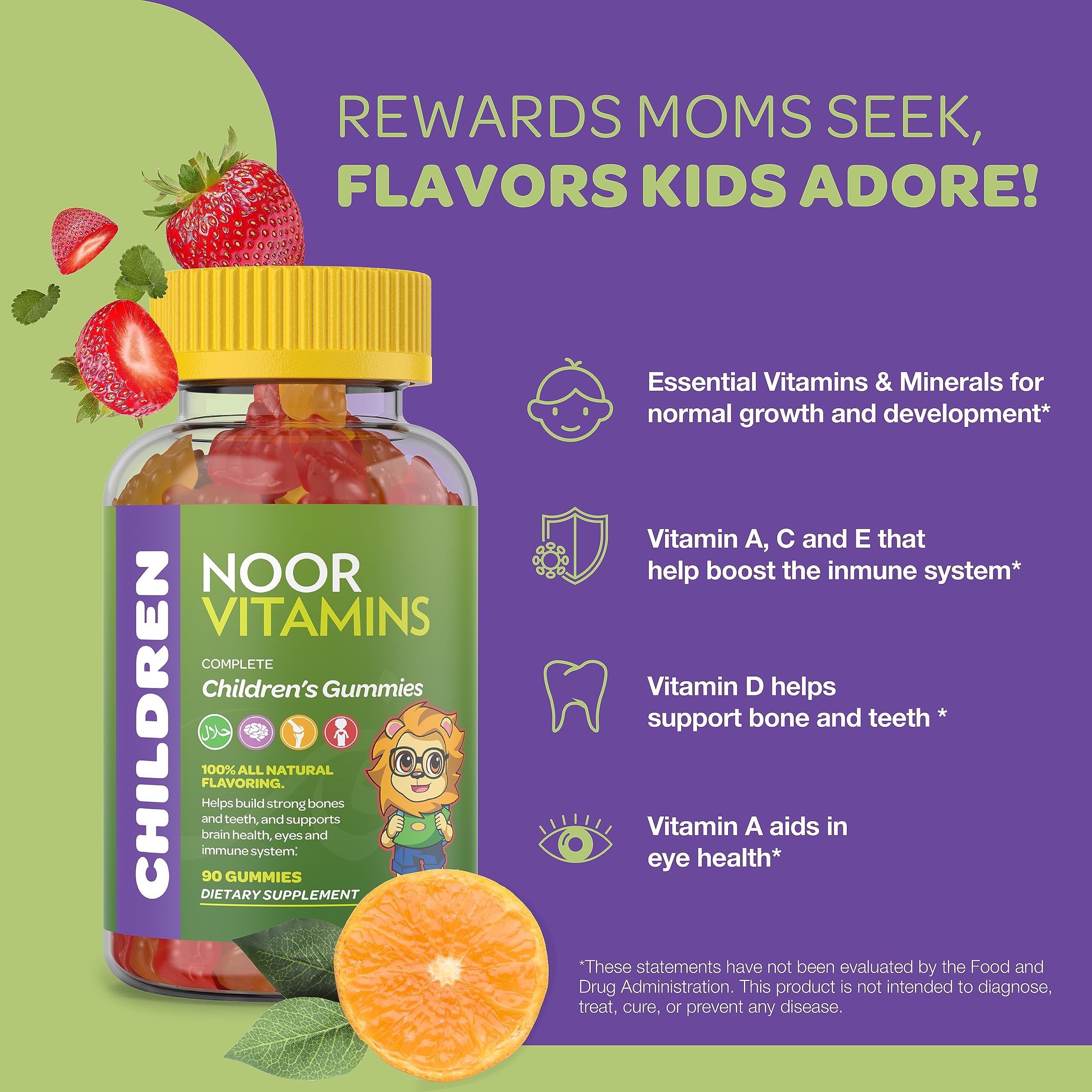 Halal Vitamins, Kids Vitamins, Kids Multivitamin Gummies Noor Vitamins: Vitamin C for Kids, D3, and Zinc for Immunity, B6 B12 for Energy. Non-GMO, Halal Gummies - 90 Count Gummy Vitamins for Kids