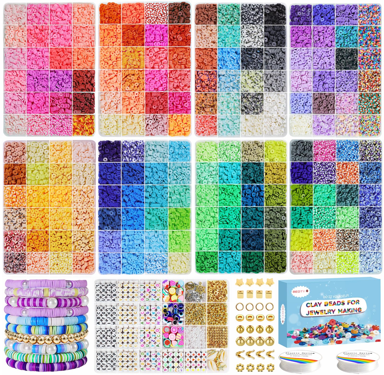 Redtwo 46000 Pcs Clay Beads Friendship Bracelet Making Kit, 192 Colors 9 Boxes Flat Polymer Clay Heishi Beads Set for Jewelry Making with Letter Bead Elastic String, Gifts for Girls 8-12 Image