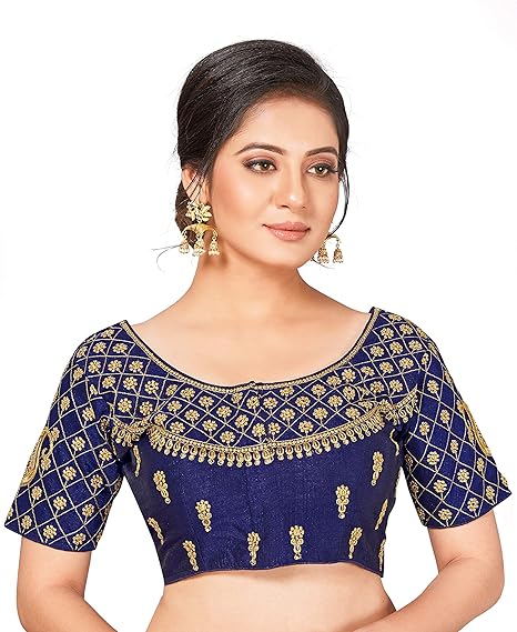 Semi Stitched Raw Silk Blouse With Hand Work (Front And Back) Colour : Blue (BLR-05-N-BLUE)