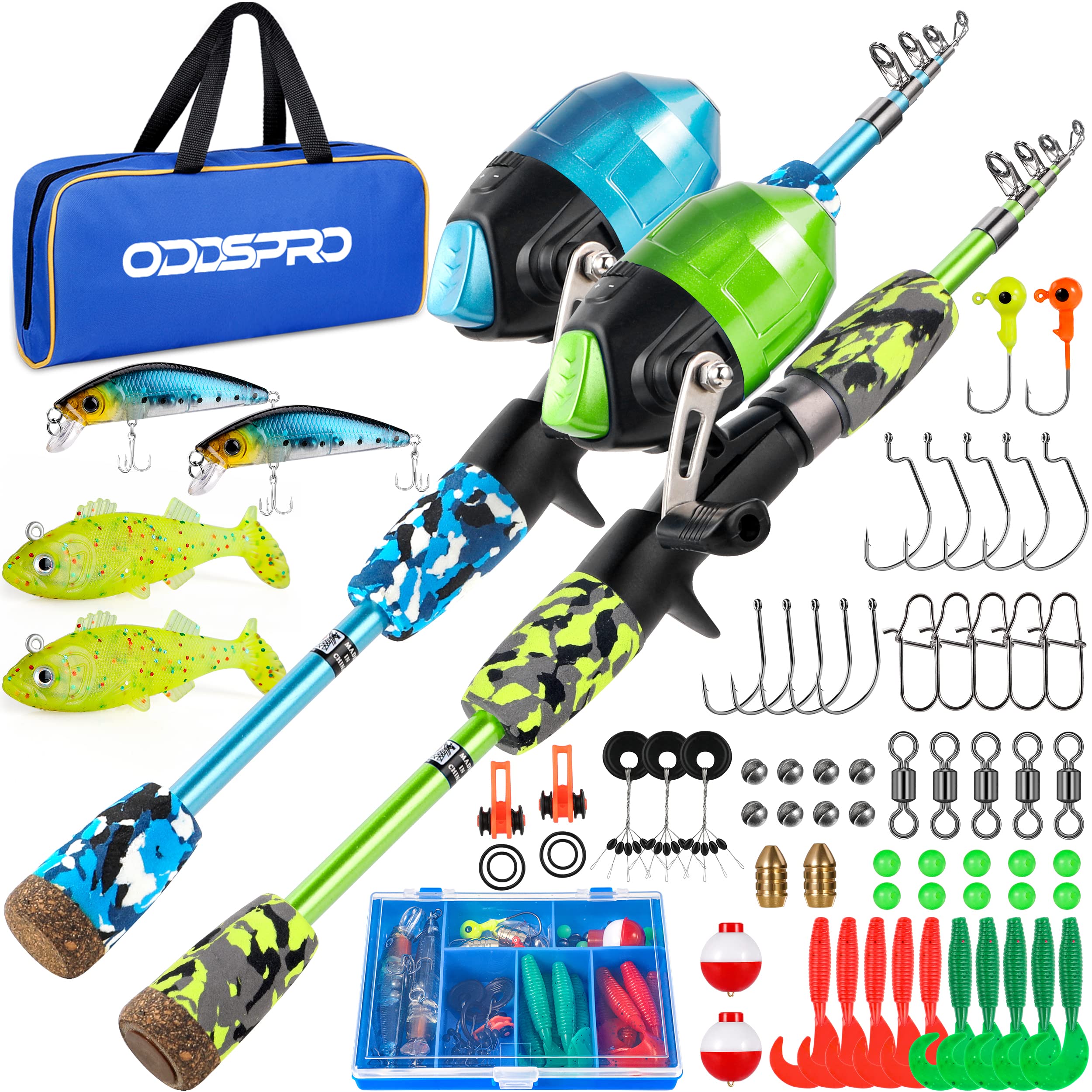 Photo 1 of ODDSPRO Kids Fishing Pole - Kids Fishing Starter Kit - with Tackle Box, Reel, Practice Plug, Beginner's Guide and Travel Bag for Boys, Girls (2 Pack (Blue+Green), 1.5M 4.92Ft)