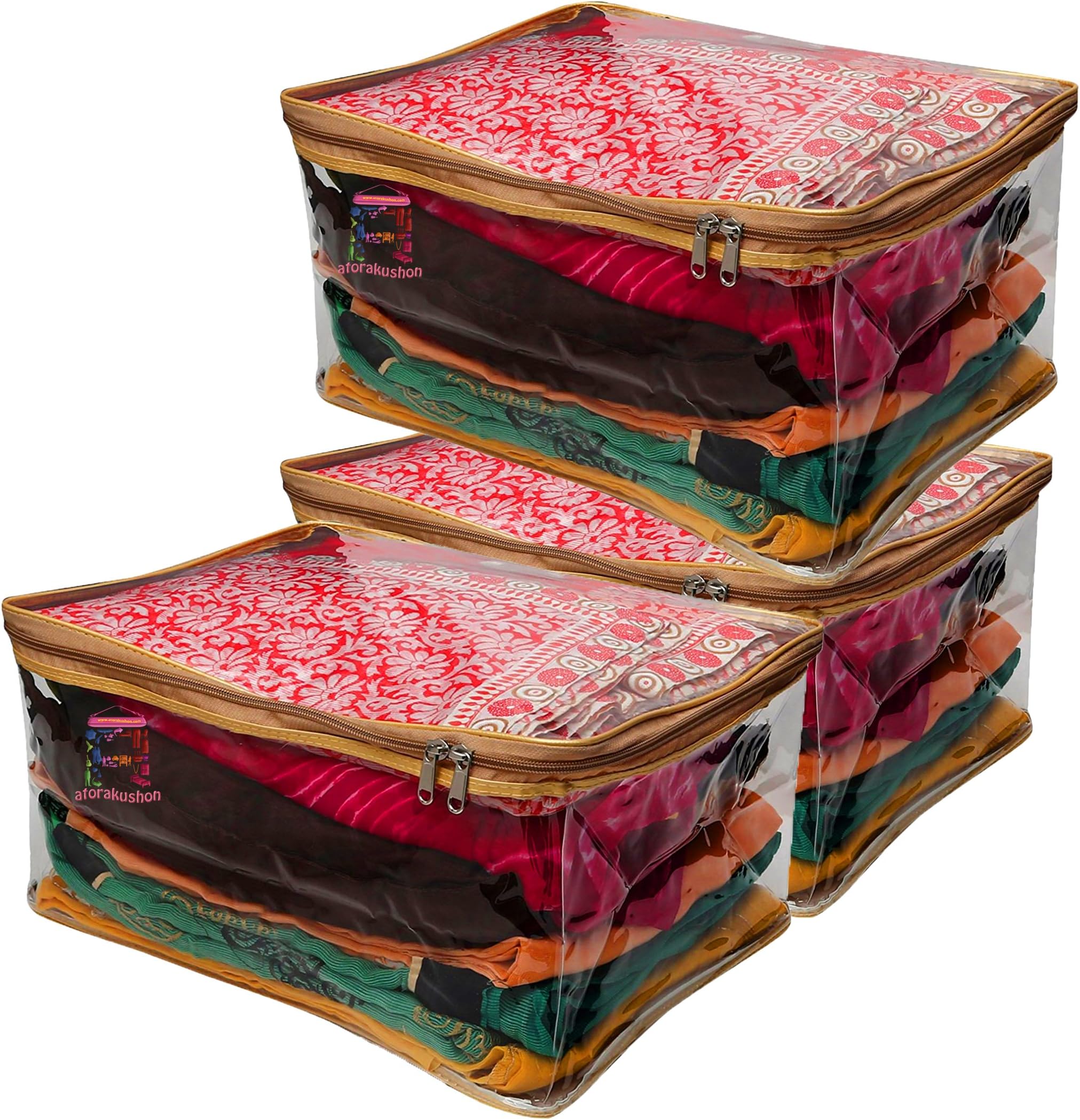 atorakushon® Transparent Saree Cover Garments Storage Bags Wardrobe Organizer Pack of 3 (Golden)