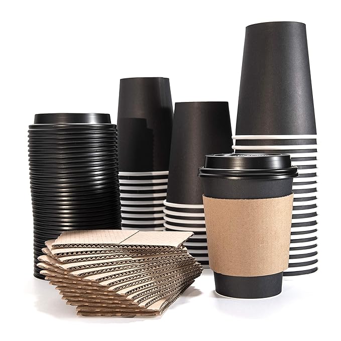 Disposable Paper Coffee Cups with Lids + Free Sleeves (12oz, 360ml 50