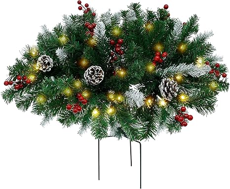Amazon Com Juegoal Pre Lit Artificial Christmas Urn Filler With Pine Cones Red Berries Tripod Stake And Pre Strung Warm White 60 Led Lights Frosted Berry Planter Filler Xmas Holiday Home Decorations 1 Pack Home