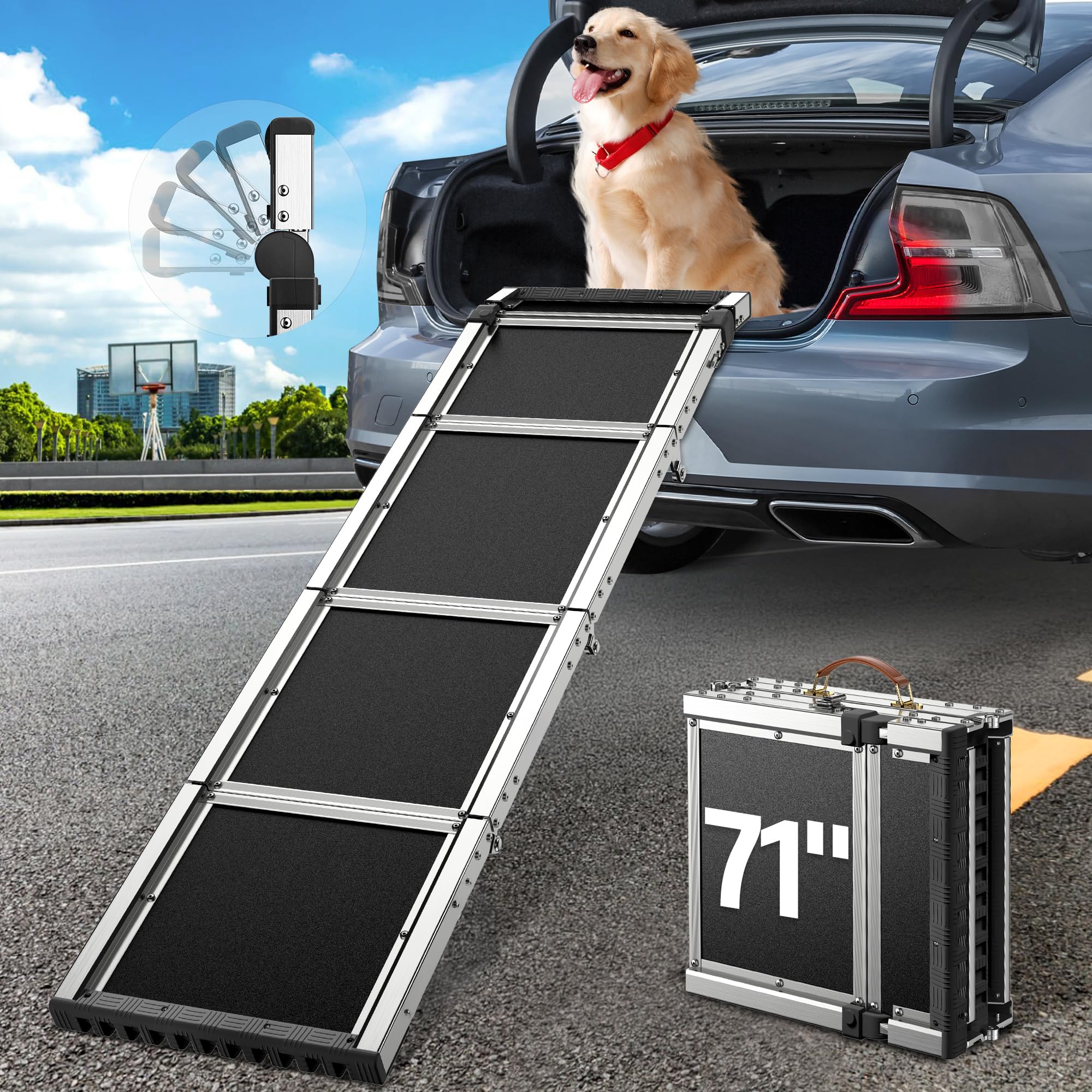 Photo 1 of ???? ???????? Dog Ramp for Car (330 lbs), Extra L71” W17” Folding Pet Ramp for Large Dogs with 90° Adjustable Head, Outdoor Anti-Slip Foldable Dog Car Ramps for SUV Truck Side Door